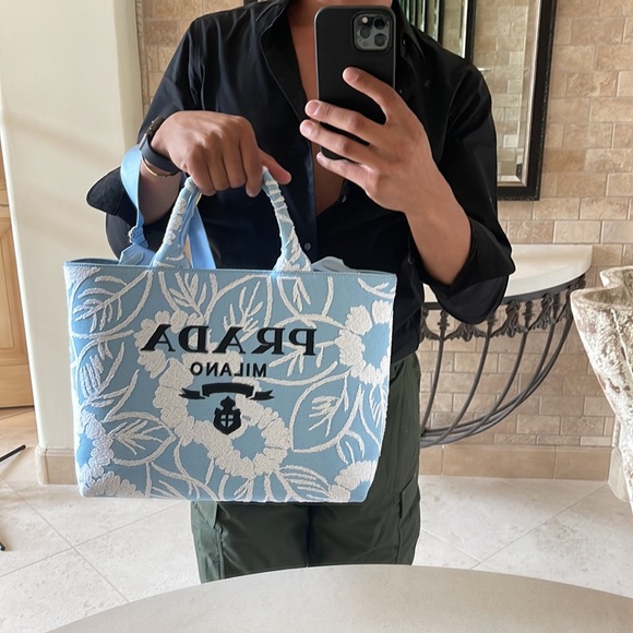 This Prada embroidered drill tote features an enlarged Prada logo on the front. - Picture 11 of 11